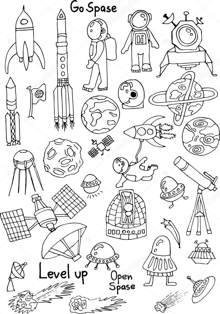 Space set collection. Science set collection. Cute, funny pattern. Vector hand drawn artwork. Black and white. Vector set with hand drawn isolated colored doodles on the theme of spaace on white color. Sketches for use in design