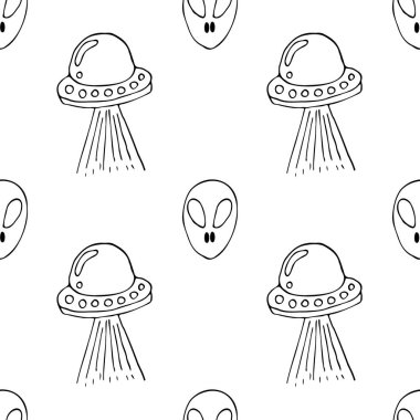 Beyaz arka planda izole edilmiş uzaylıları ve vektör nesnelerin ve tasarım elementlerinin kusursuz desenlerini elle çizmek. Modayı takip eden çocuklar, gezegenler ve roketlerle kusursuz bir düzen çiziyorlar. Uzayla bebek vektör arkaplanı çizimi. Doodle tarzı. İskandinav