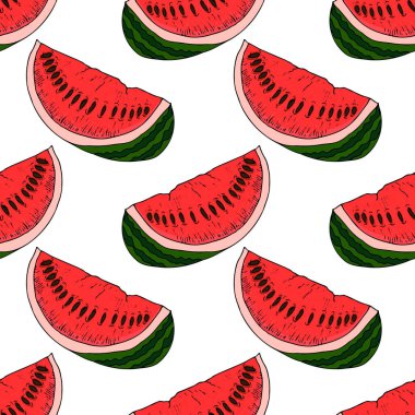 El çizimi karpuz pürüzsüz desen, beyaz arka planda izole edilmiş. Klasik oymacılıktaki gerçekçi meyveler. Yemekli mutfak tasarımı..