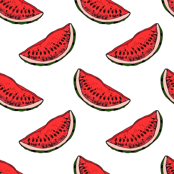 Hand drawn watermelon seamless pattern, isolated on white background. Realistic fruits in technique vintage engraving. Kitchen design with food.