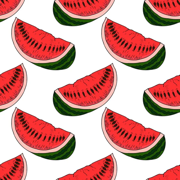 Hand drawn watermelon seamless pattern, isolated on white background. Realistic fruits in technique vintage engraving. Kitchen design with food.