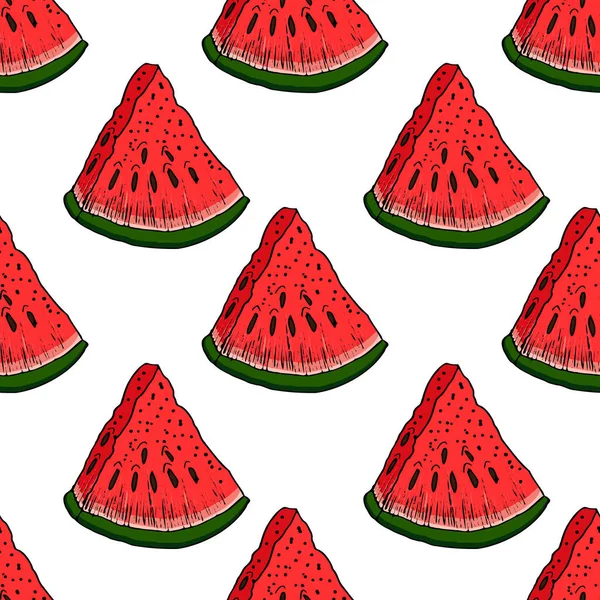 Hand drawn watermelon seamless pattern, isolated on white background. Realistic fruits in technique vintage engraving. Kitchen design with food.