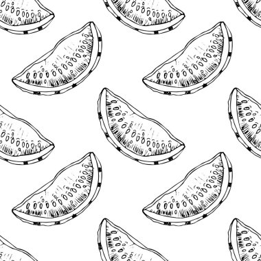 El çizimi karpuz pürüzsüz desen, beyaz arka planda izole edilmiş. Klasik oymacılıktaki gerçekçi meyveler. Yemekli mutfak tasarımı..