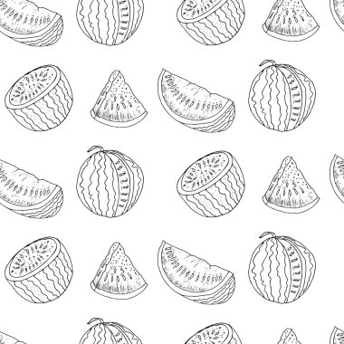 El çizimi karpuz pürüzsüz desen, beyaz arka planda izole edilmiş. Klasik oymacılıktaki gerçekçi meyveler. Yemekli mutfak tasarımı..