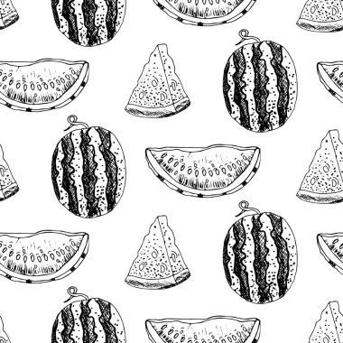 El çizimi karpuz pürüzsüz desen, beyaz arka planda izole edilmiş. Klasik oymacılıktaki gerçekçi meyveler. Yemekli mutfak tasarımı..