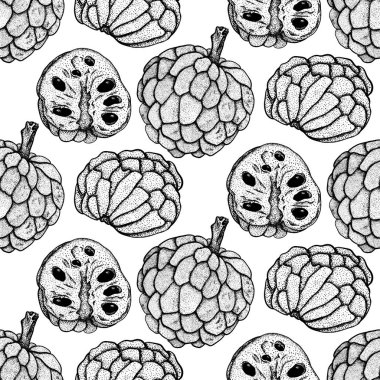 Vektör el, Cherimoya 'nın kusursuz desenini çizdi. Elma şekeri deseni. Tropik nesneler. Restoran, menü, meyve suyu kasesi, market, mağaza, parti dekorasyonu, yemek için kullan