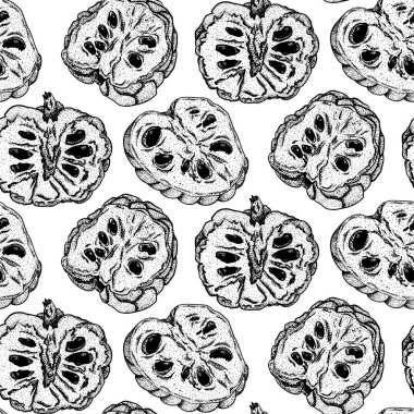 Vektör el, Cherimoya 'nın kusursuz desenini çizdi. Elma şekeri deseni. Tropik nesneler. Restoran, menü, meyve suyu kasesi, market, mağaza, parti dekorasyonu, yemek için kullan