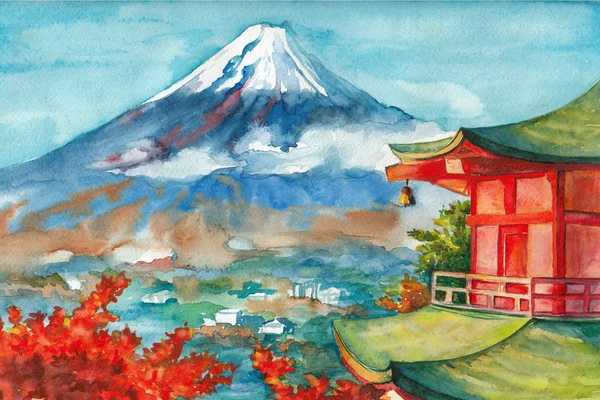 Dağ Fujiyama görünümü ile İllüstrasyon.