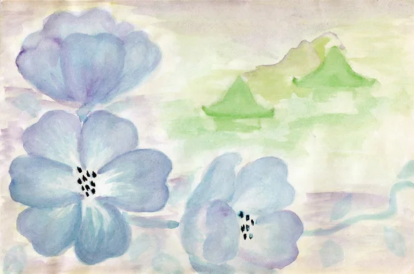 Watercolor illustration with blue flowers and green pagodas — Stock Photo, Image