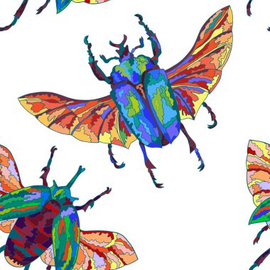 Egzotik böcekler ile parlak seamless modeli. Vektör