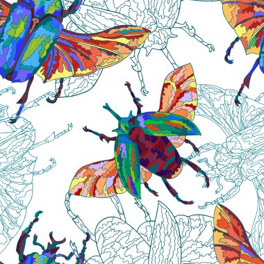 Egzotik böcekler ile parlak seamless modeli. Vektör