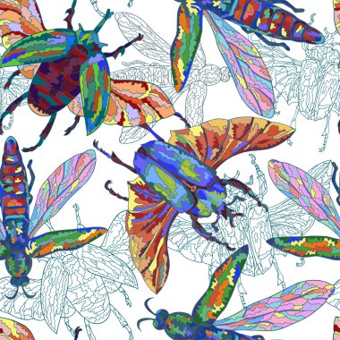 Egzotik beetlesvand sinek ile parlak seamless modeli. Vektör