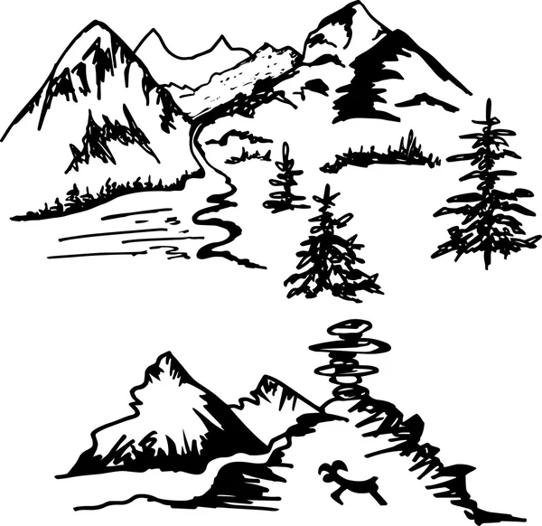 Hand drawn two landscape with mountains. Vector — Stock Vector