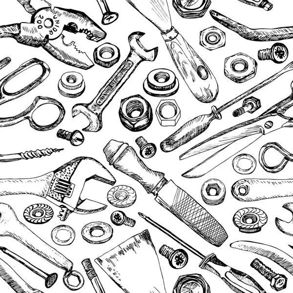 Padrão preto e branco sem costura com ferramentas desenhadas à mão . —  Vetores de Stock