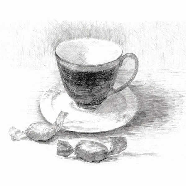 Dibujo dibujado a mano con taza y 2 caramelos. Ilustración —  Fotos de Stock