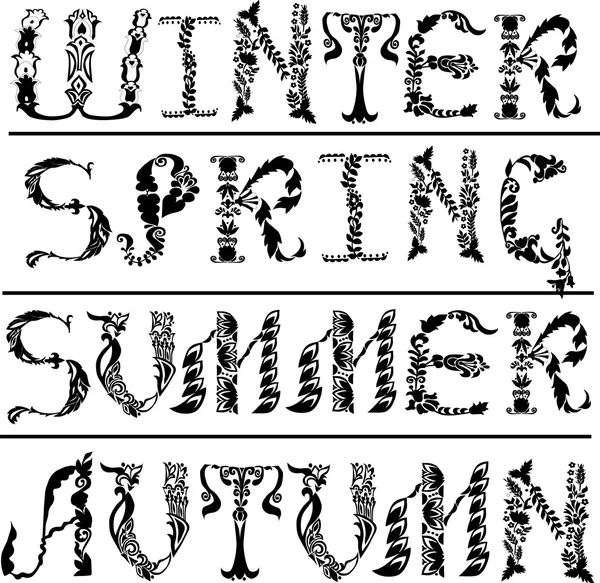 Надписи "зима, весна, лето, осень" написаны цветочной печатью. Вектор — стоковый вектор