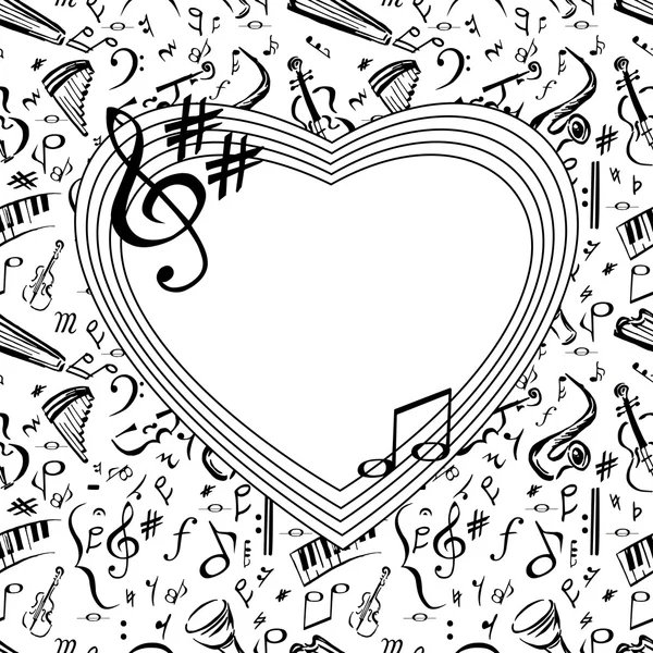 Шаблон с сердечной рамкой в стиле музыкальных штапелей. Вектор — стоковый вектор