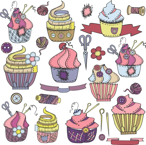 Conjunto de cupcakes desenhados à mão como retalhos têxteis. Vetor . —  Vetores de Stock