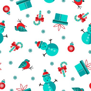 Kardan adam desenli terziler, hediye kutusu, Mutlu Noeller ve mutlu yıllar için şeker kamışı. Vektör illüstrasyonu.