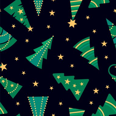 Mutlu Noeller ve mutlu yeni yıl tatilleri için Noel ağacı desenli terziler. Vektör illüstrasyonu.