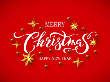 Mutlu Noeller ve altın yıldızlı mutlu yıllar kartı. Elle çizilmiş Mutlu Noeller mektupları. Vektör illüstrasyonu