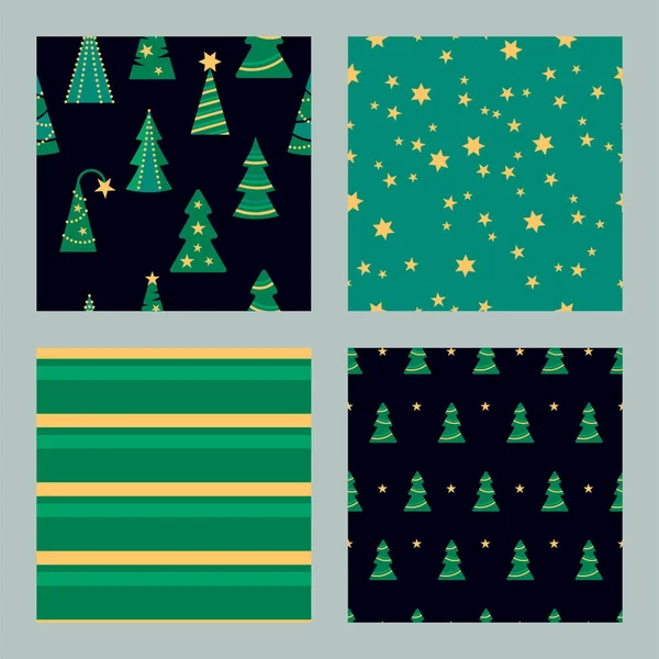 Seamlees Patterns Christmas Trees Stars Merry Christmas Happy New Year — Stock Vector