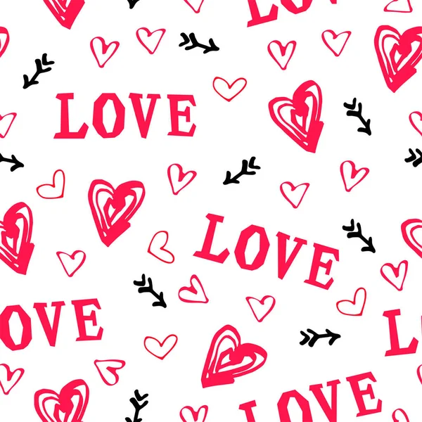 言葉の愛とシームレスなパターンは 手のスタイルの心を描いた テキスタイルやファブリック バレンタインデーのためのベクトルイラスト — ストックベクタ