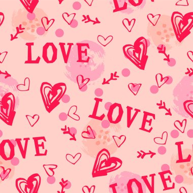 Sevgi sözcüğüyle kusursuz pembe desen, elle çizilmiş kalpler. Tekstil ve kumaşlar için vektör illüstrasyonu, duvar kağıtları, Sevgililer Günü.
