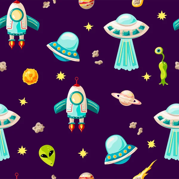 Outer space seamless pattern with rockets, planets, aliens. Vector illustration.