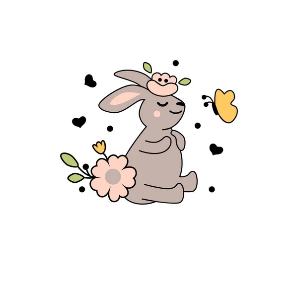 Милый Кролик Розовыми Цветами Бабочкой Весенняя Пасхальная Векторная Иллюстрация — стоковый вектор