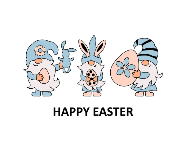Gnomes Eggs Bunny Ears White Background Happy Easter Vector Illustration — Vettoriale Stock