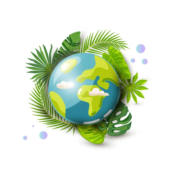 Planet Earth Tropical Leaves White Background Ecological Concept Forest Jungle — Stock Vector