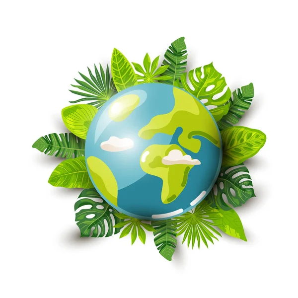 Planet Earth Tropical Leaves White Background Ecological Concept Forest Jungle — Stock Vector