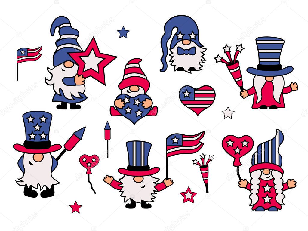 USA patriotic gnomes set on white background. Independence day. Vector illustration.