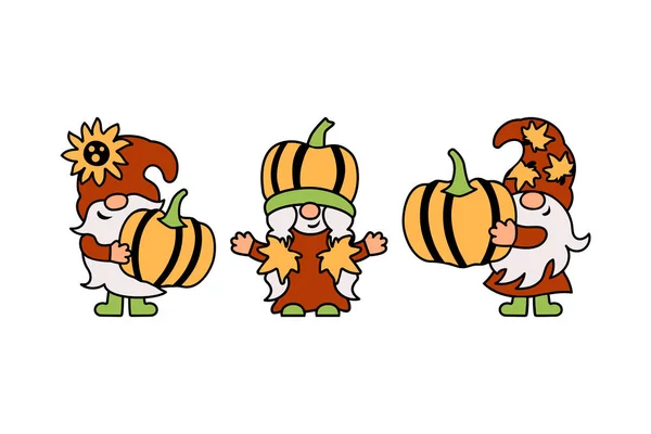 Three Gnomes Pumpkins Sunflower Fall Leaves White Background Vector Illustration — Stock Vector