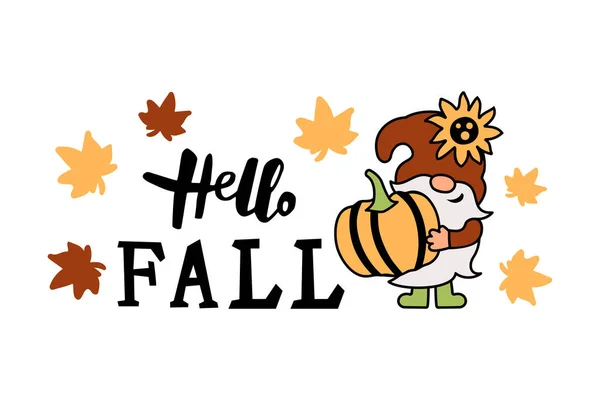 こんにちは秋の手書きのレタリングと白い背景にカボチャ ひまわりや秋の葉と愛らしいノーム ベクターイラスト — ストックベクタ