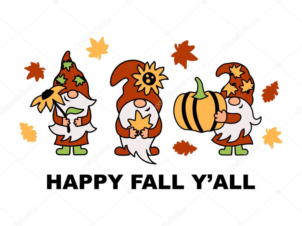 Three gnomes with pumpkin, sunflower and autumn leaves are on white background. Vector illustration.