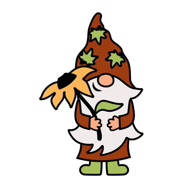 Gnome Queda Com Girassol Está Fundo Branco Ilustração Vetorial —  Vetores de Stock