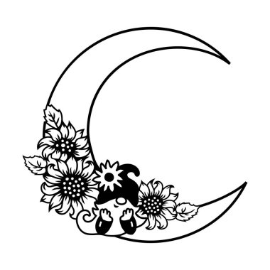 Cüce, ayçiçeği ve beyaz arka planda hilal. Vektör illüstrasyonu.