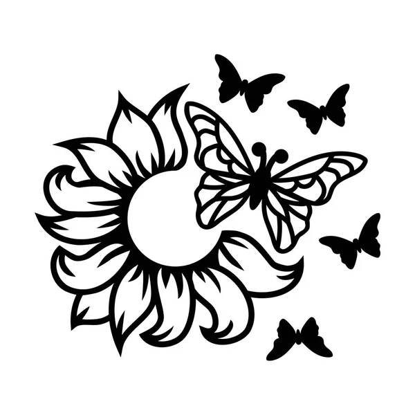 Zonnebloem Met Vlinders Witte Achtergrond Vectorillustratie — Stockvector