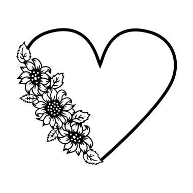 Ayçiçekli kalp şekli ya da beyaz arka planda papatya çiçekleri. Tasarım elemanı. Vektör illüstrasyonu.