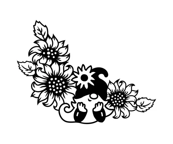 Gnome Wuth Sunflowers Daisy Flowers White Background Vector Illustration —  Vetores de Stock