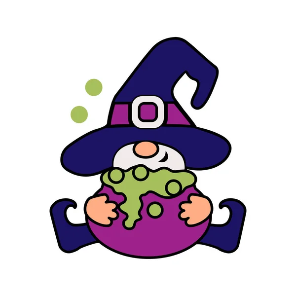 Halloween Gnome Baby Witch Cauldron White Background Vector Illustration — Stock Vector