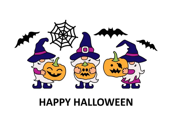 Gnomos Con Sombreros Bruja Calabazas Halloween Sobre Fondo Blanco Feliz — Archivo Imágenes Vectoriales