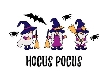 Cadı şapkalı cüceler ve beyaz arka planda süpürgeler. Mutlu Cadılar Bayramı konsepti. Vektör illüstrasyonu.