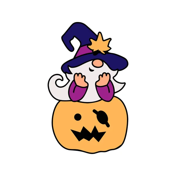 Adorable Gnomo Con Sombrero Bruja Calabaza Halloween Ilustración Vectorial Sobre — Vector de stock