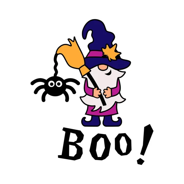 Halloween Kabouter Heksenkabouter Met Bezem Spin Witte Achtergrond Vectorillustratie — Stockvector