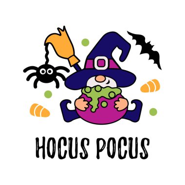 Cadılar Bayramı cücesi, beyaz arka planda süpürgesi ve kazanı olan bebek cadı. Vektör illüstrasyonu.