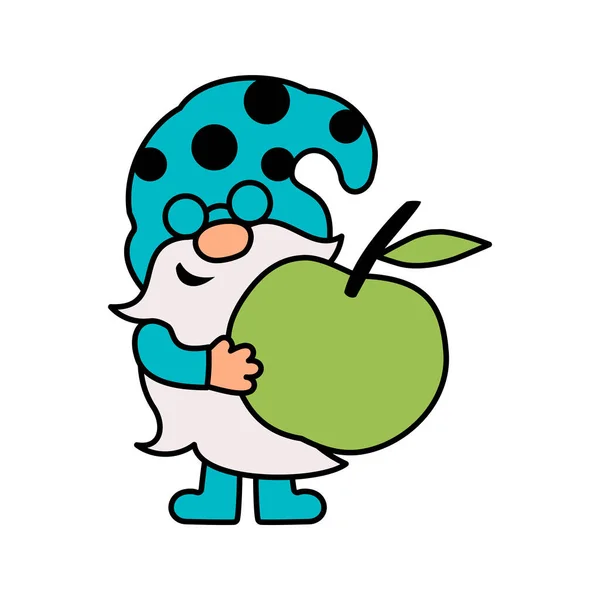 Uroczy Gnom Zielonym Jabłkiem Jest Białym Tle Ilustracja Wektora — Wektor stockowy