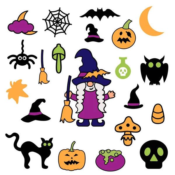 Gnomo Niña Halloween Pequeña Bruja Con Elementos Diseño Brujería Sobre — Archivo Imágenes Vectoriales